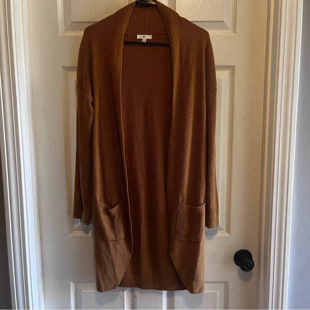 BP Tan Open Front Cardigan Sweater 100 % Cotton Pockets XS Fits Medium